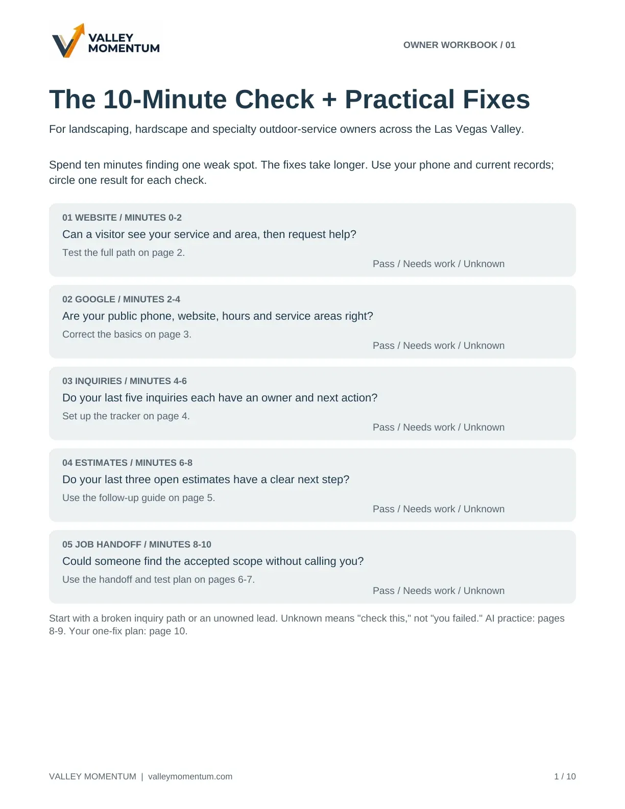 First page of The 10-Minute Check + Practical Fixes, with checks for your website, Google profile, inquiries, estimates, and job handoff.